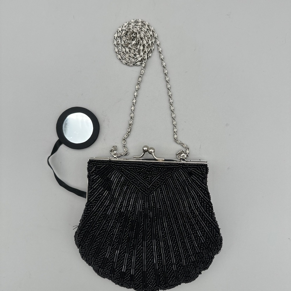 Apt. 9 Black Beaded Evening Clutch Purse Shell Design Kiss Lock Vintage Style 6"